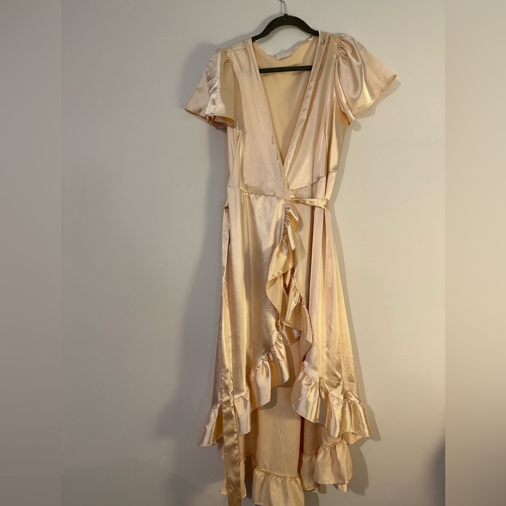 Dee Elly Champagne Satin Ruffle Wrap Dress High Low Midi Medium